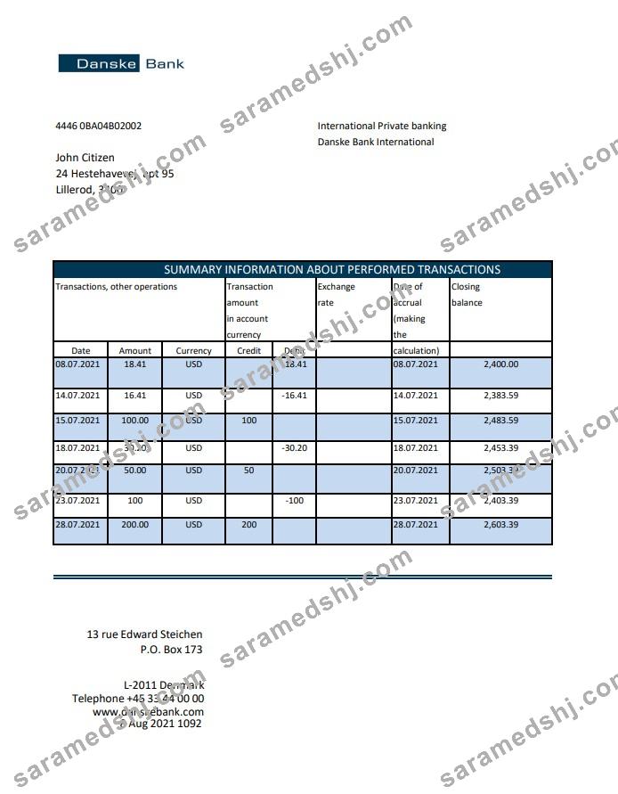 Denmark Danskebank bank statement easy to fill template in Excel and PDF format